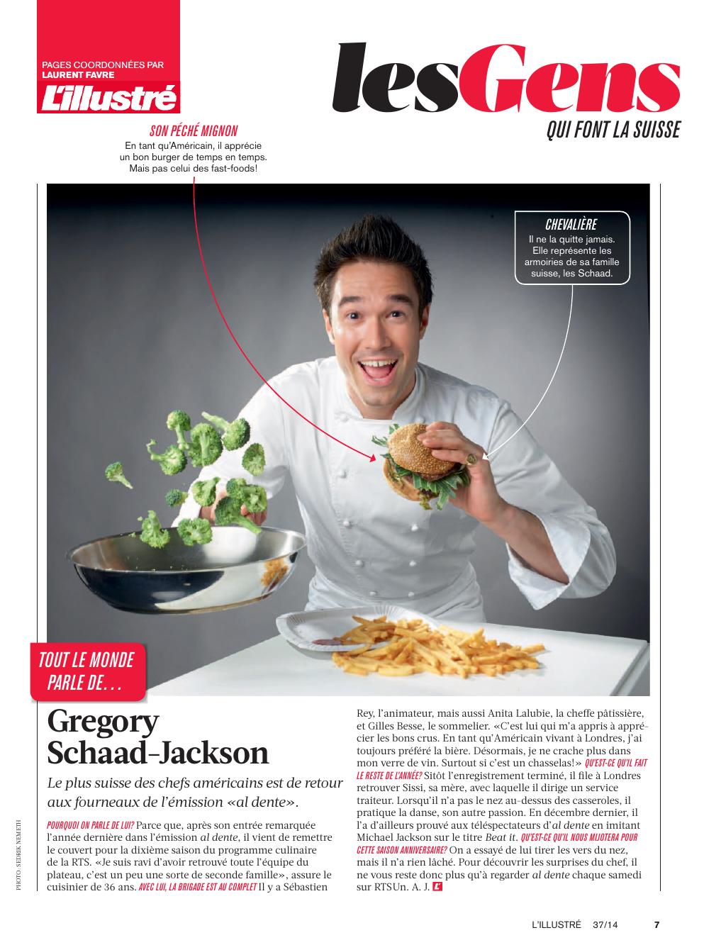 L'Illustré feature: 'Tout le monde parle de Gregory Schaad-Jackson'.